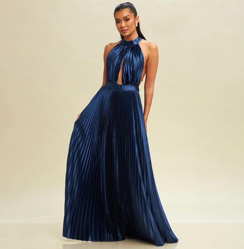 Elegant Halter Navy Pleated Deep V-Neck Open Back Tie-Up Satin Maxi Dress