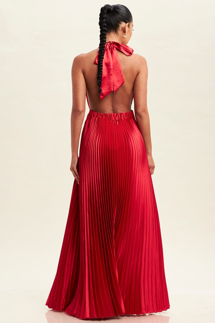 Elegant Halter Red Pleated Deep V-Neck Open Back Tie-Up Satin Maxi Dress