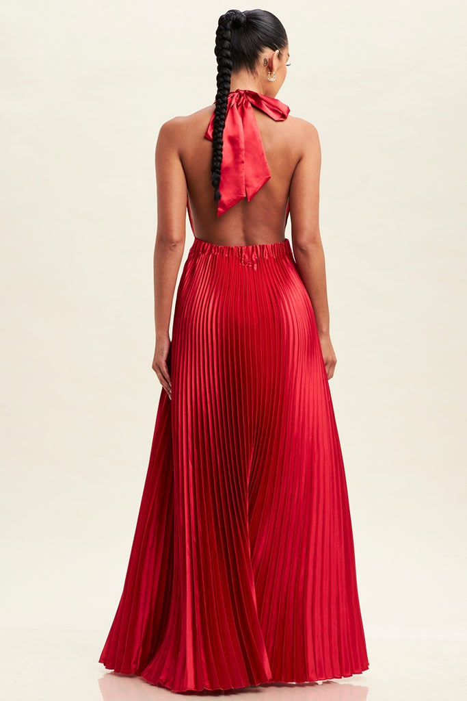 Elegant Halter Red Pleated Deep V-Neck Open Back Tie-Up Satin Maxi Dre EDITE MODE Elegant Halter Red Pleated Deep V-Neck Open Back Tie-Up Satin Maxi Dre EDITE MODE
