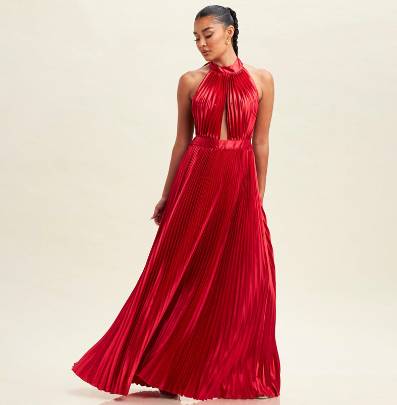 Elegant Halter Red Pleated Deep V-Neck Open Back Tie-Up Satin Maxi Dress