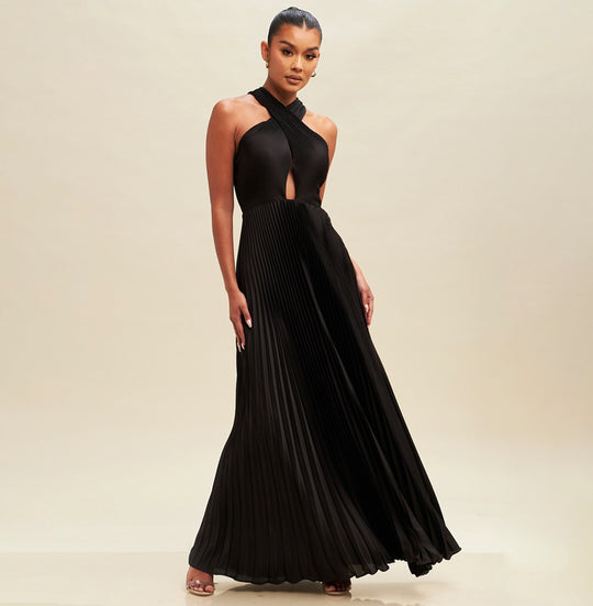Elegant Cross Over Black Pleated V-Neck Back Tie-Up Satin Maxi Dress