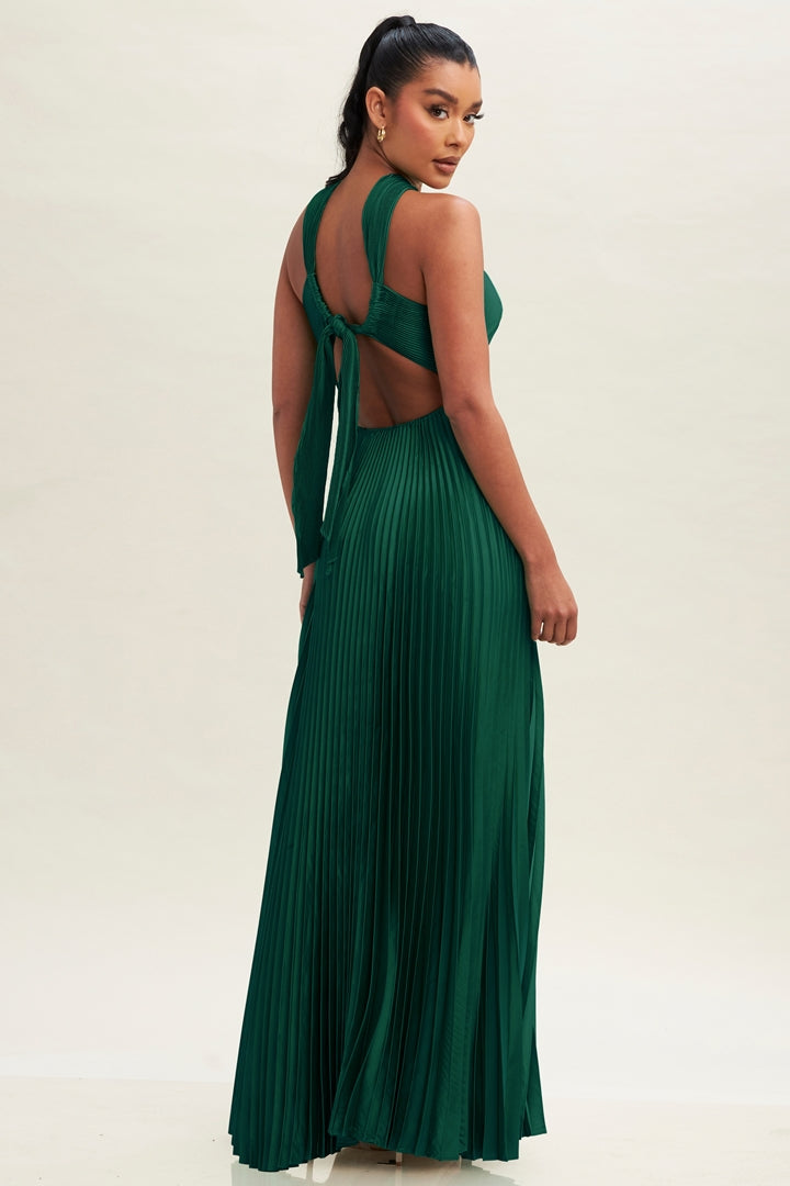 Elegant Cross Over Hunter Green Pleated V-Neck Back Tie-Up Satin Maxi Dress