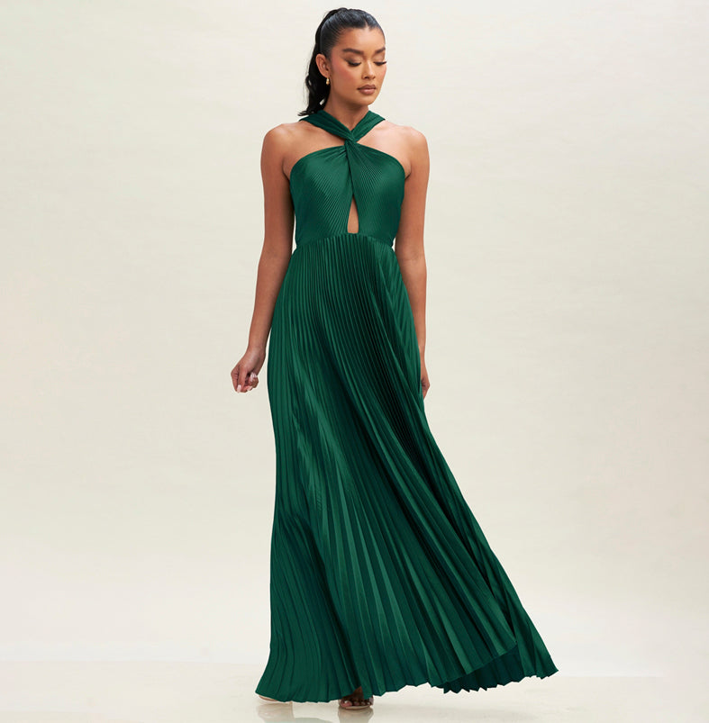 Elegant Cross Over Hunter Green Pleated V-Neck Back Tie-Up Satin Maxi Dress