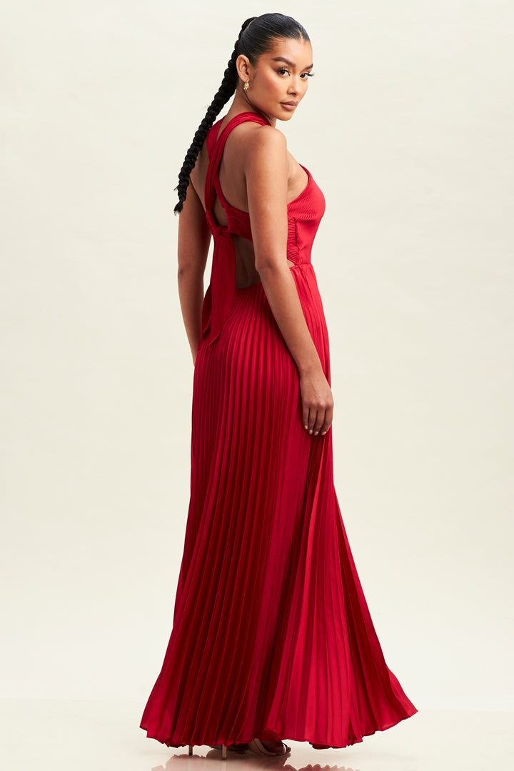 Elegant Cross Over Red Pleated V-Neck Back Tie-Up Satin Maxi Dress