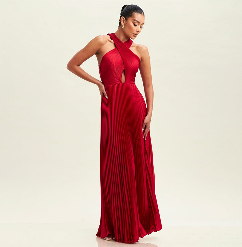 Elegant Cross Over Red Pleated V-Neck Back Tie-Up Satin Maxi Dress