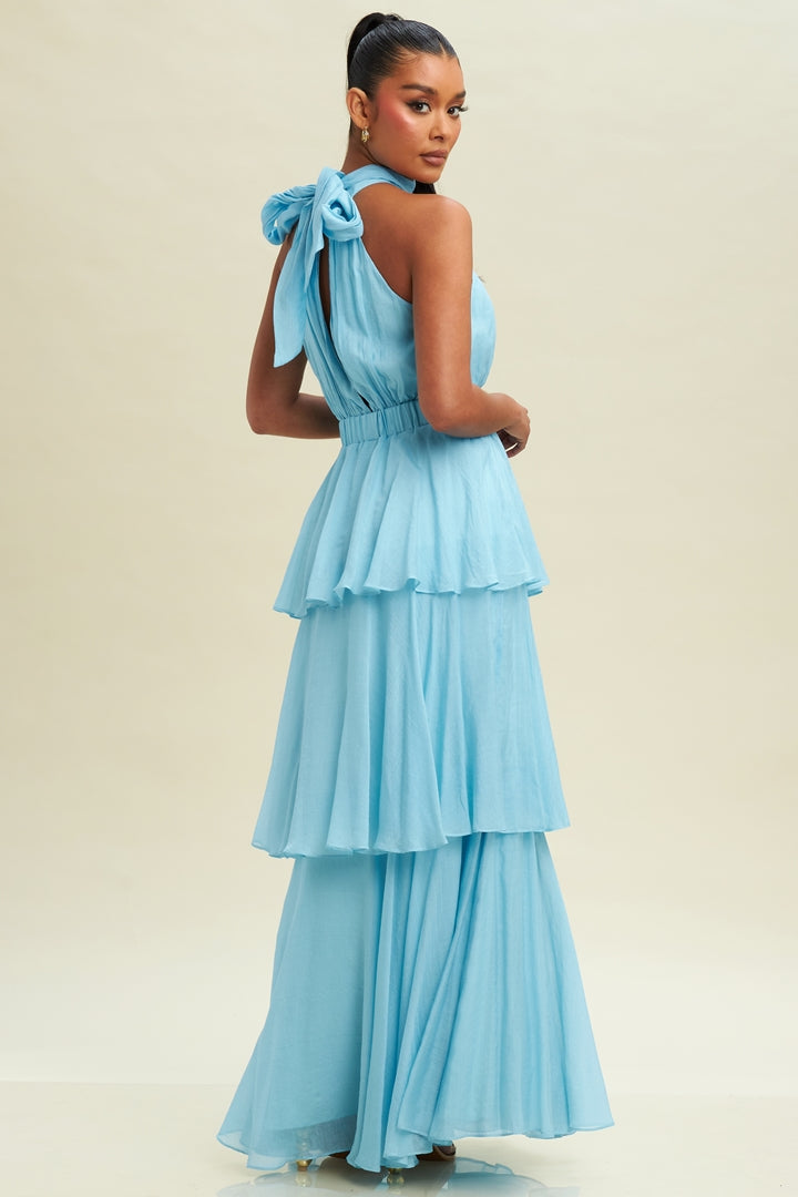 Fashion Aqua Halter Open Back Layered Ruffle Maxi Dress