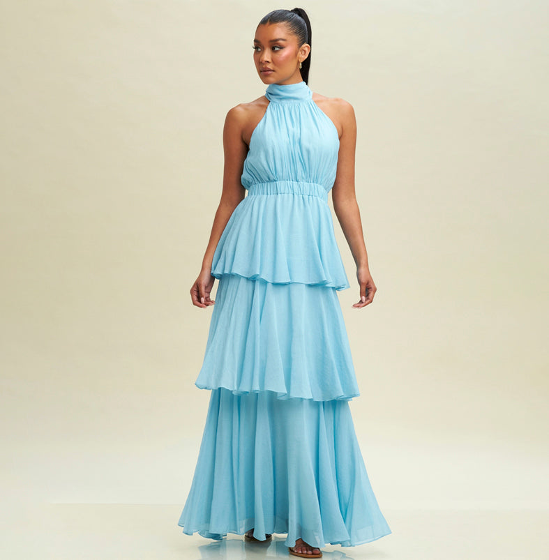 Fashion Aqua Halter Open Back Layered Ruffle Maxi Dress