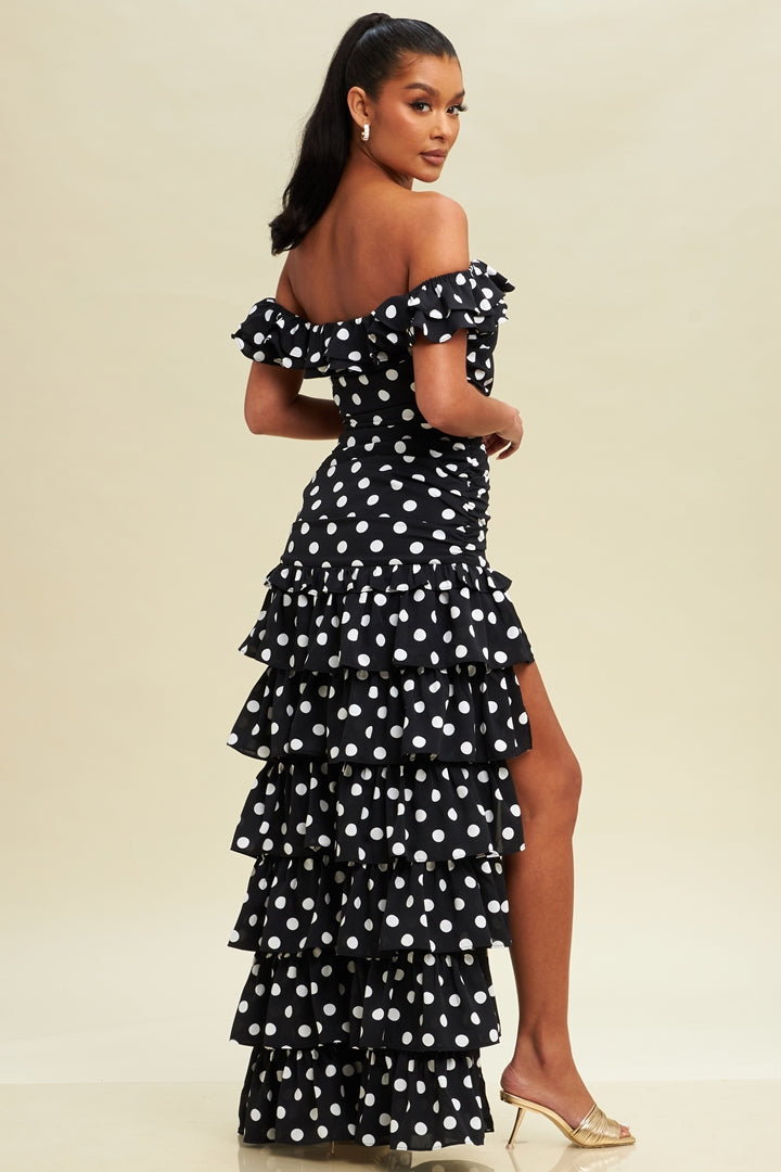 Elegant Off Shoulder Black White Polka Dot Layered Ruffle Maxi Dress with Middle Slit