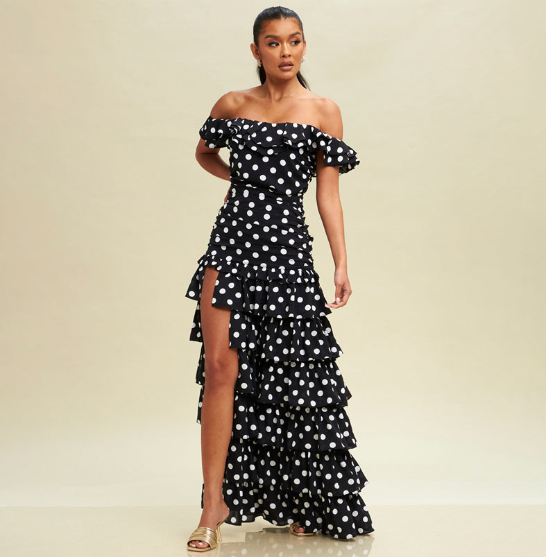 Elegant Off Shoulder Black White Polka Dot Layered Ruffle Maxi Dress with Middle Slit