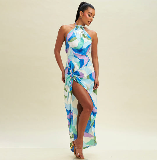 Fashion Blue Halter Multi-Color Floral Print Open Back High Low Ruffle Dress