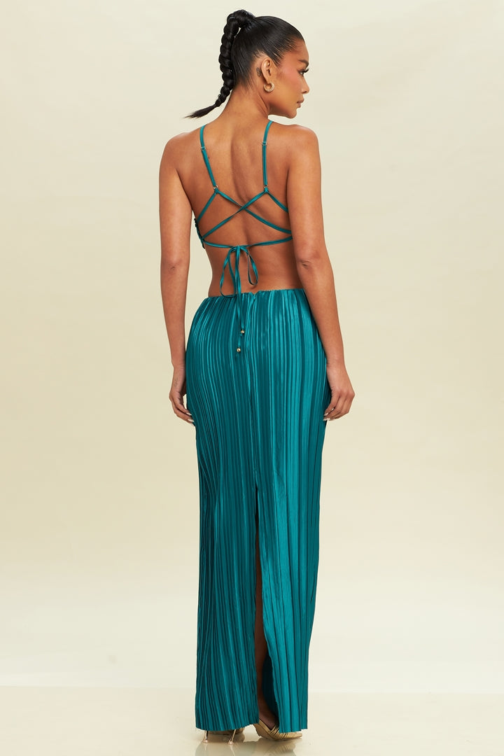 Elegant Halter Teal Green Pleated Cut Out Gold Detailed Open Back Satin Maxi Dress