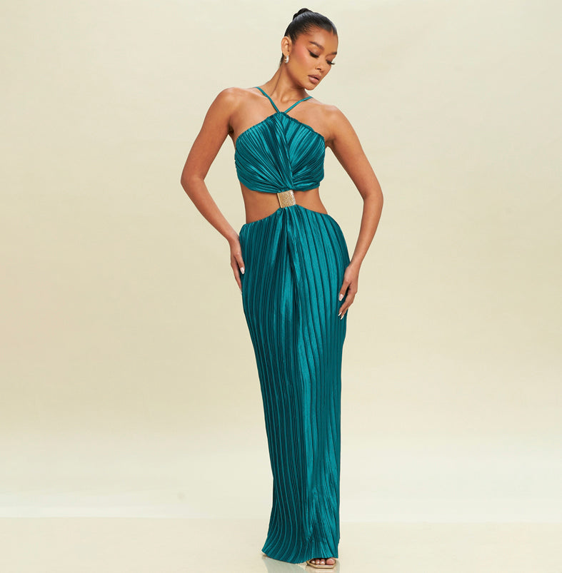 Elegant Halter Teal Green Pleated Cut Out Gold Detailed Open Back Satin Maxi Dress