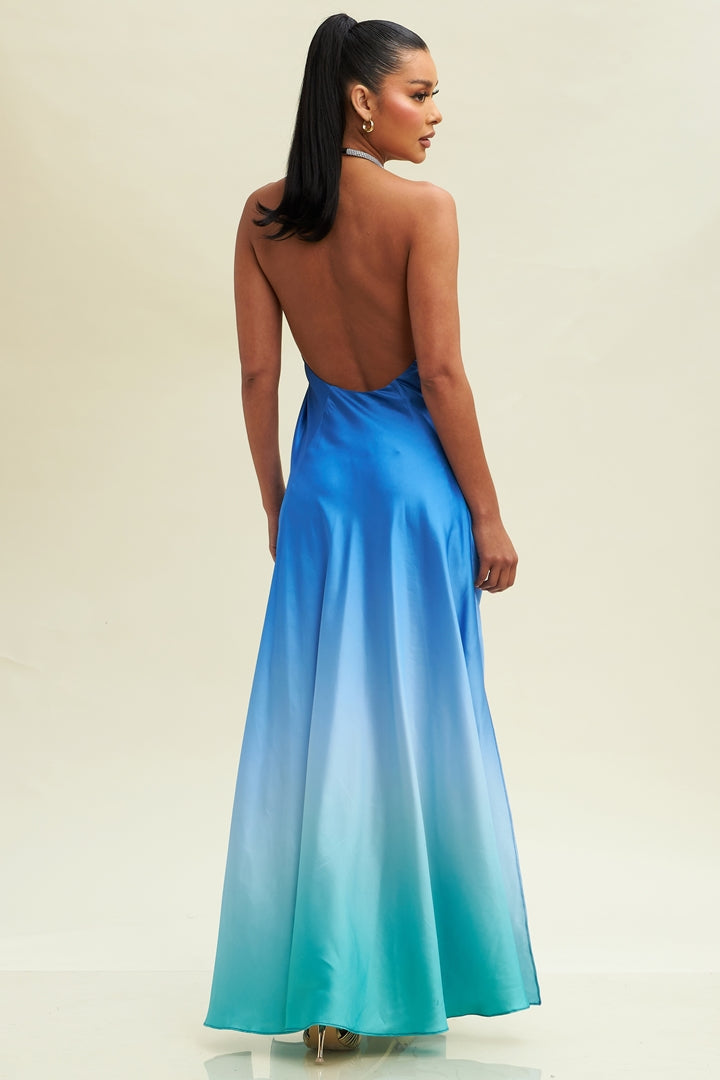 Elegant Halter Blue Watercolor Satin Crystal Detailed Open Back Maxi Dress