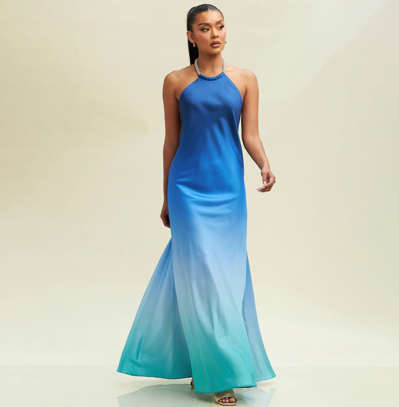 Elegant Halter Blue Watercolor Satin Crystal Detailed Open Back Maxi Dress