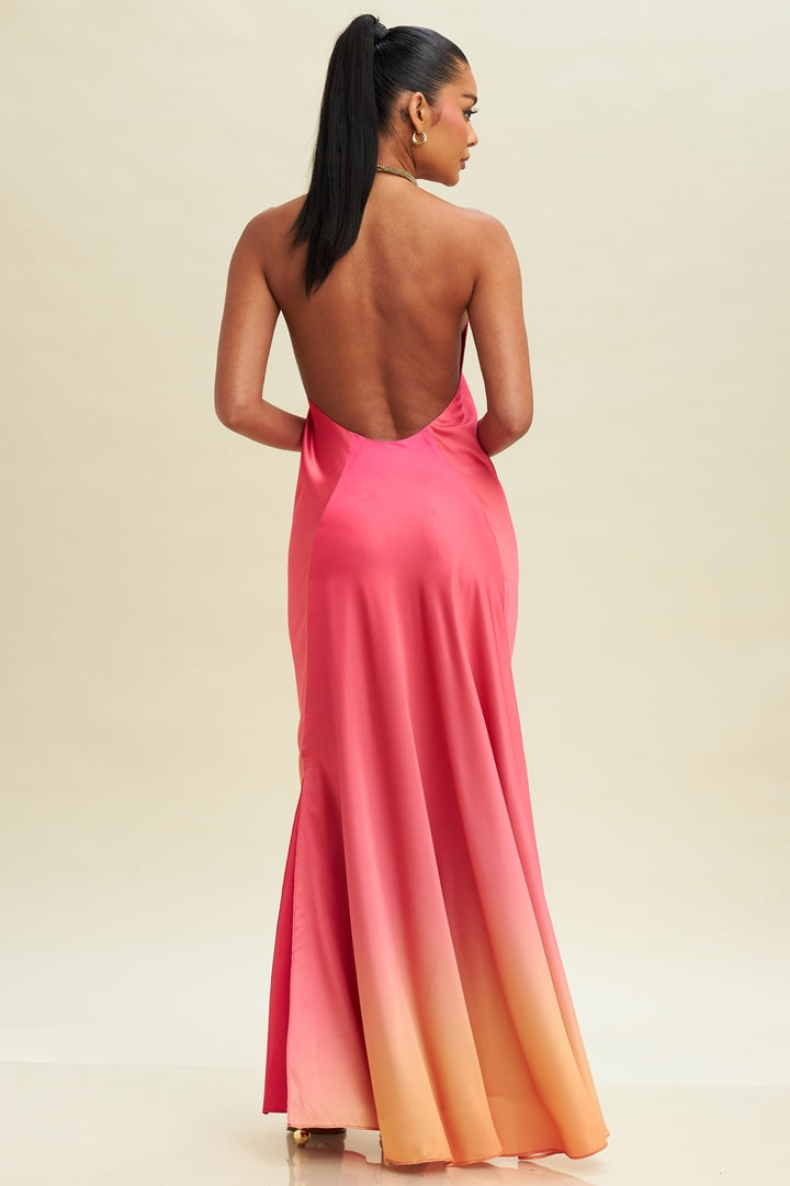 Elegant Halter Pink Watercolor Satin Crystal Detailed Open Back Maxi Dress