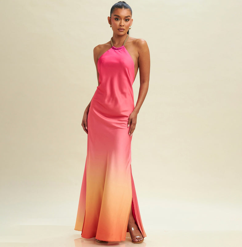 Elegant Halter Pink Watercolor Satin Crystal Detailed Open Back Maxi Dress