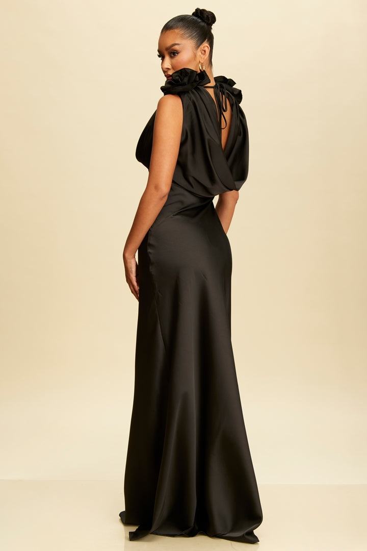 Elegant Black Satin Ruffle V-Neck Maxi Dress with Flowers Sleeve Detailed