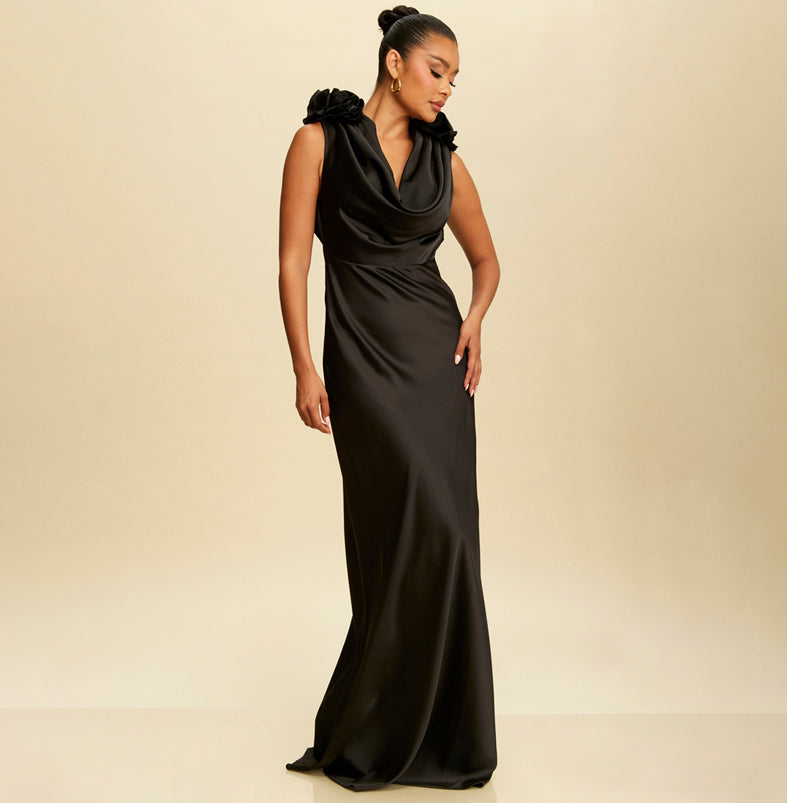 Elegant Black Satin Ruffle V-Neck Maxi Dress with Flowers Sleeve Detailed