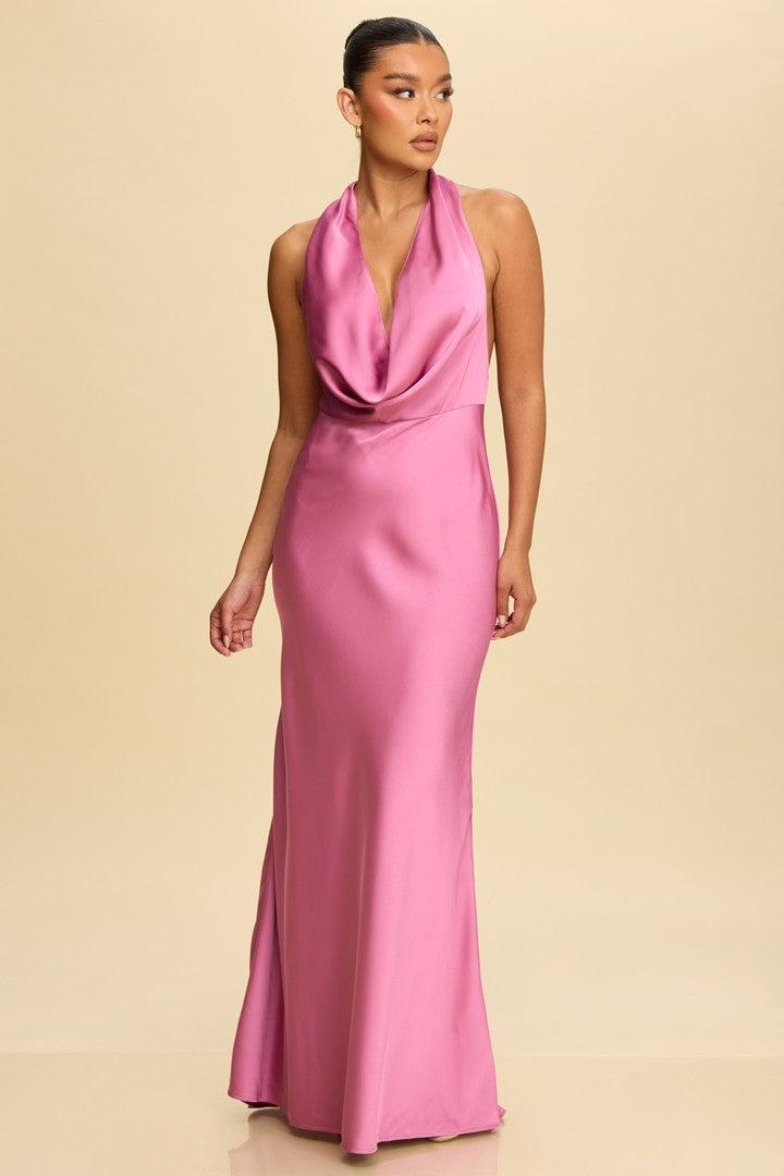 Elegant Halter Orchid Satin Ruffle V-Neck Maxi Dress
