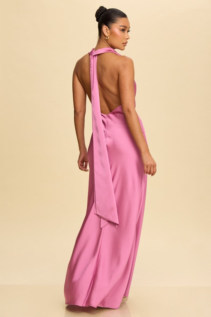 Elegant Halter Orchid Satin Ruffle V-Neck Maxi Dress