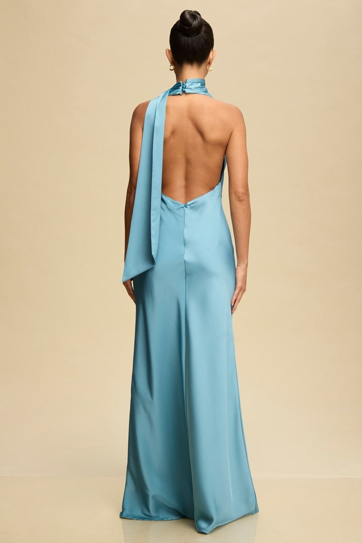 Elegant Halter Slate Blue Satin Ruffle V-Neck Maxi Dress