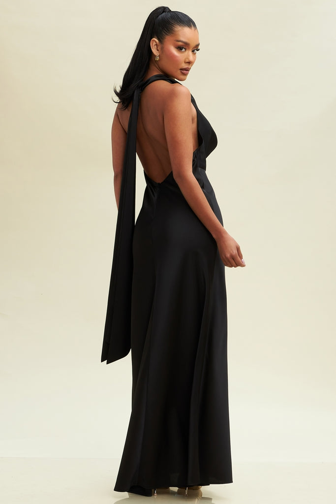 Elegant Halter Black Satin Ruffle V-Neck Maxi Dress EDITE MODE Elegant Halter Black Satin Ruffle V-Neck Maxi Dress EDITE MODE