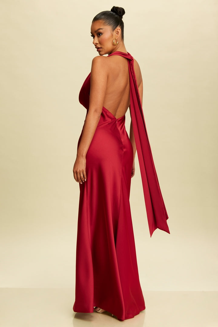 Elegant Halter Burgundy Satin Ruffle V-Neck Maxi Dress