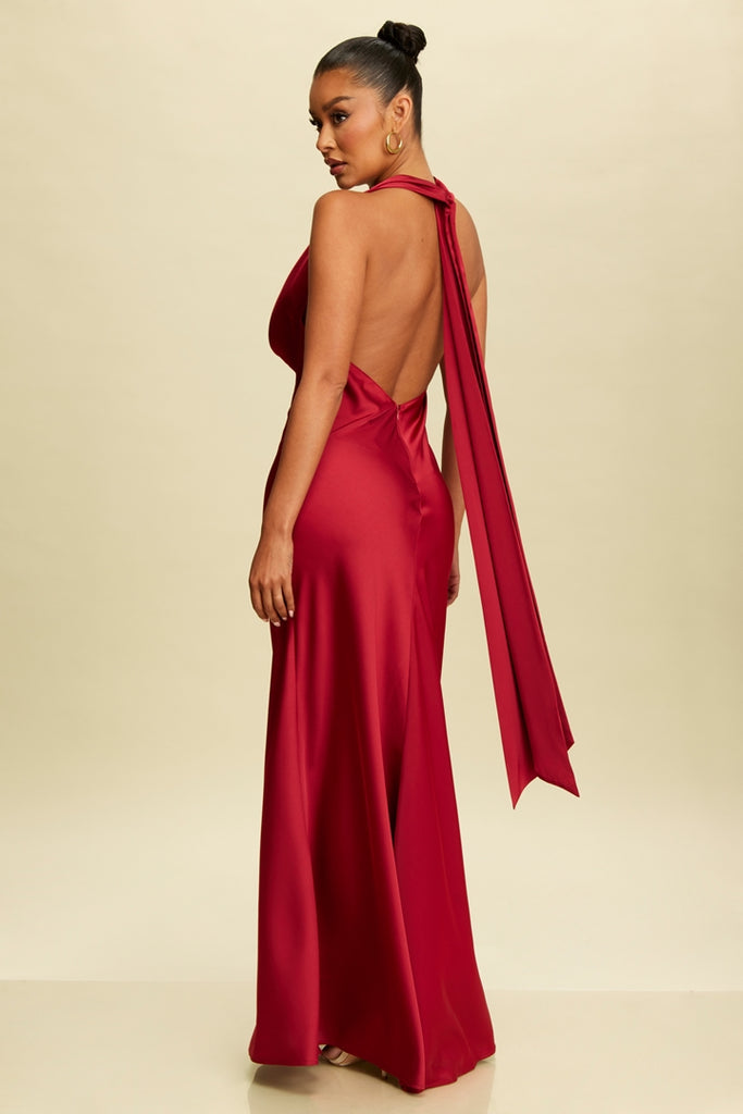 Elegant Halter Burgundy Satin Ruffle V-Neck Maxi Dress L / Burgundy Elegant Halter Burgundy Satin Ruffle V-Neck Maxi Dress L / Burgundy