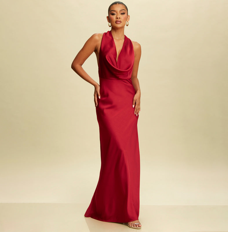 Elegant Halter Burgundy Satin Ruffle V-Neck Maxi Dress