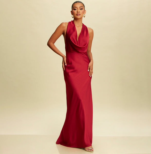 Elegant Halter Burgundy Satin Ruffle V-Neck Maxi Dress L / Burgundy