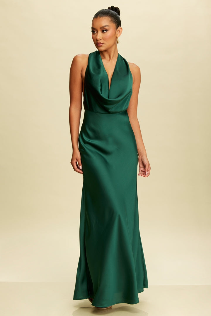 Elegant Halter Hunter Green Satin Ruffle V-Neck Maxi Dress