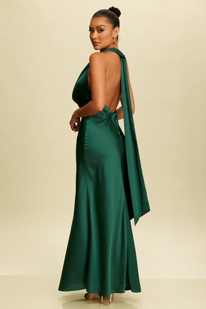 Elegant Halter Hunter Green Satin Ruffle V-Neck Maxi Dress