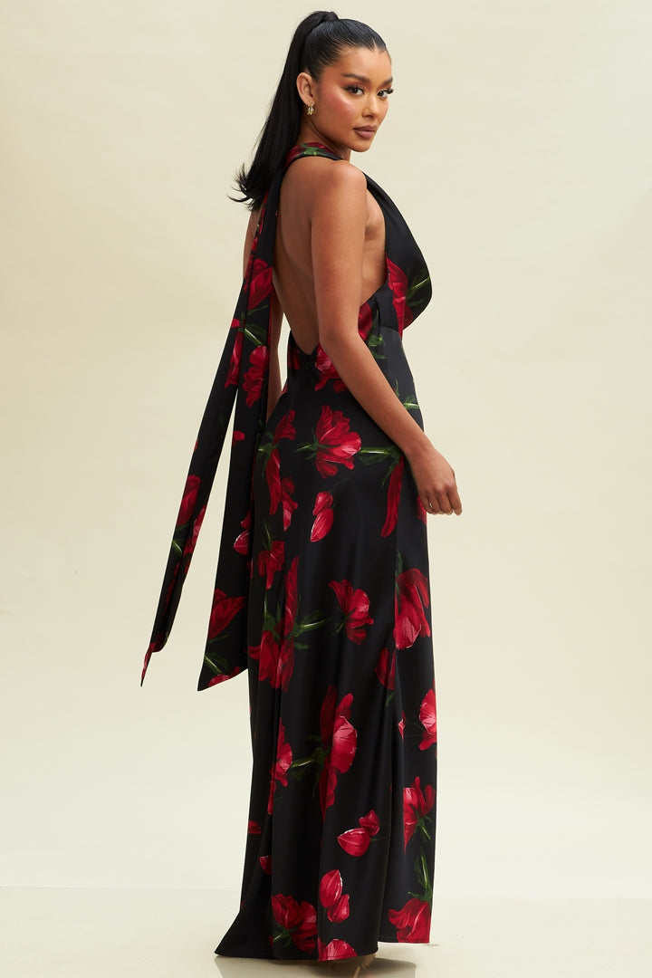 Elegant Halter Black Satin Red Floral Print Ruffle V-Neck Maxi Dress