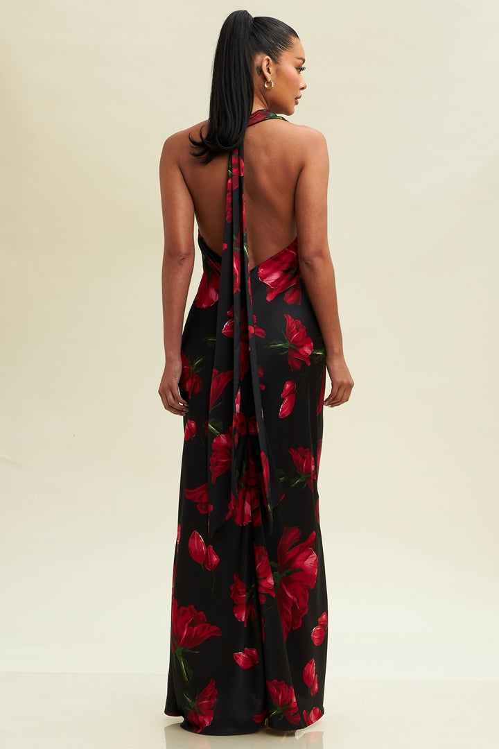 Elegant Halter Black Satin Red Floral Print Ruffle V-Neck Maxi Dress