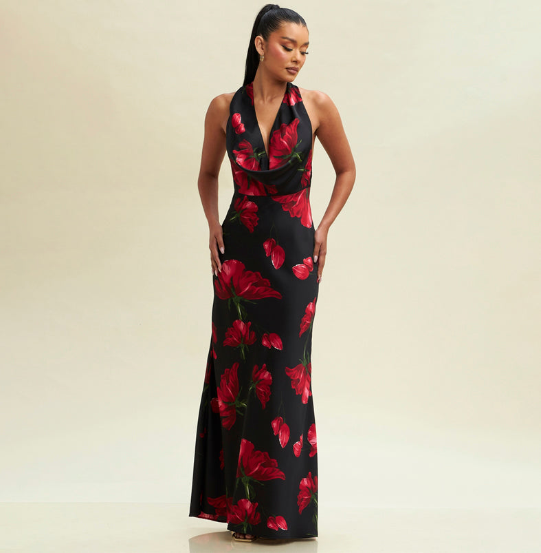 Elegant Halter Black Satin Red Floral Print Ruffle V-Neck Maxi Dress