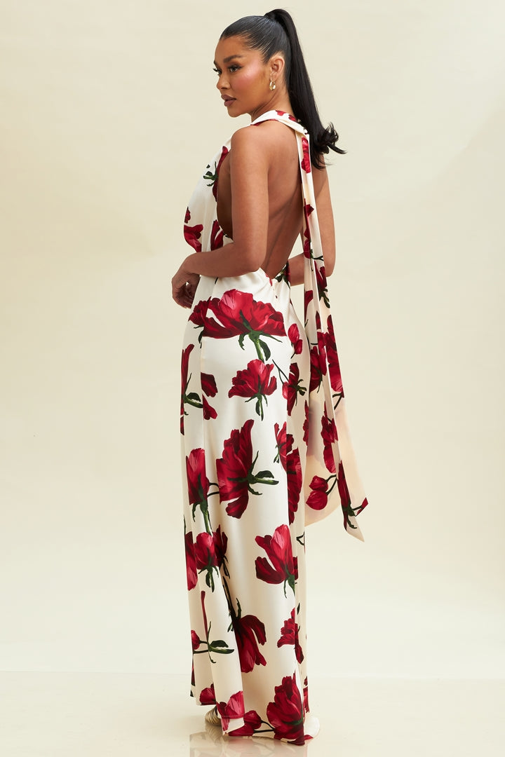 Elegant Halter Ivory Satin Red Floral Print Ruffle V-Neck Maxi Dress