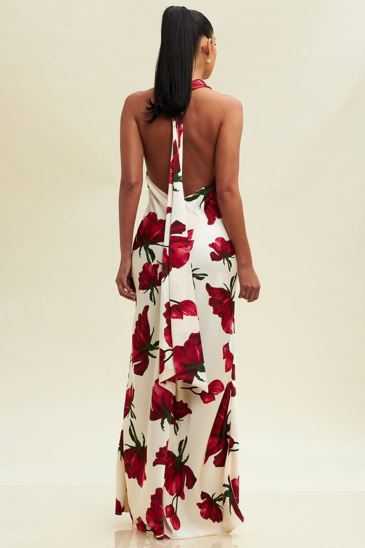 Elegant Halter Ivory Satin Red Floral Print Ruffle V-Neck Maxi Dress