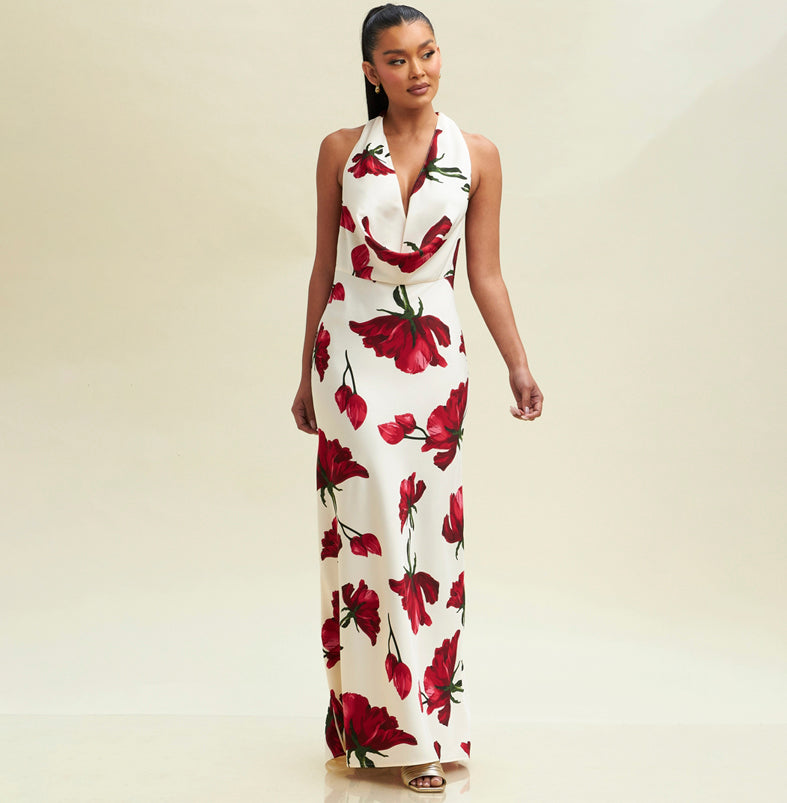 Elegant Halter Ivory Satin Red Floral Print Ruffle V-Neck Maxi Dress