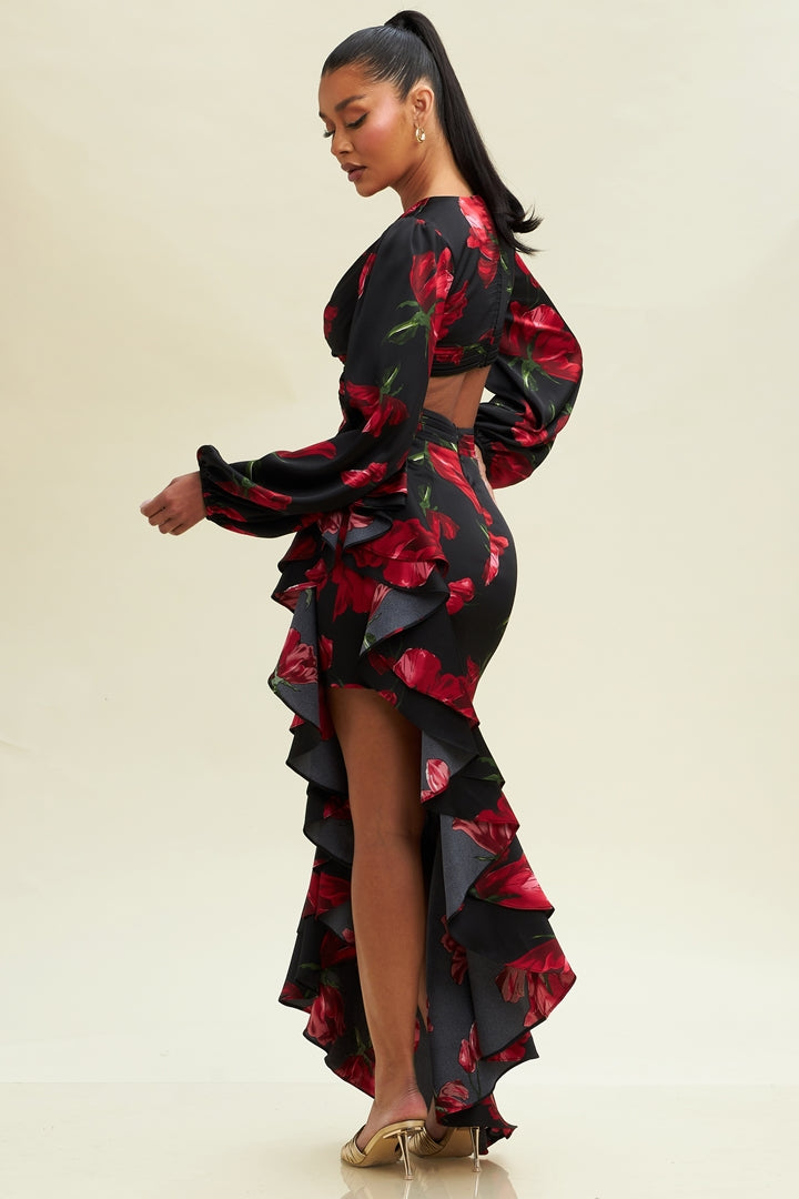 Elegant Black Satin Multi-Color Floral Print Cut Out Ruffle V-Neck Side Slit Maxi Dress with Bell Sleeve