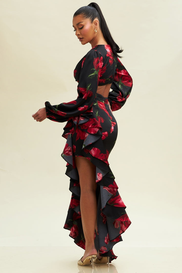 Elegant Black Satin Multi-Color Floral Print Cut Out Ruffle V-Neck Side Slit Maxi Dress with Bell Sleeve L / Black