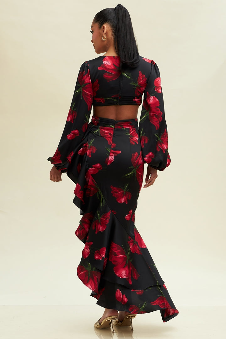 Elegant Black Satin Multi-Color Floral Print Cut Out Ruffle V-Neck Side Slit Maxi Dress with Bell Sleeve