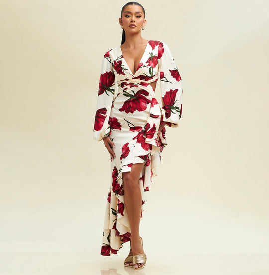 Elegant Ivory Satin Multi-Color Floral Print Cut Out Ruffle V-Neck Side Slit Maxi Dress with Bell Sleeve