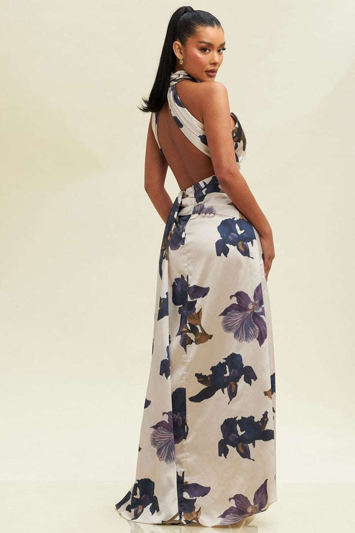 Elegant Halter Taupe Multi-Color Floral Print Satin Open Back Ruffle Maxi Dress with Middle Slit