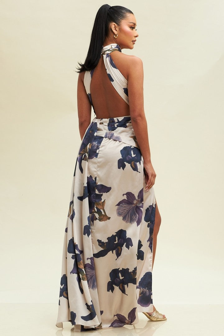 Elegant Halter Taupe Multi-Color Floral Print Satin Open Back Ruffle Maxi Dress with Middle Slit