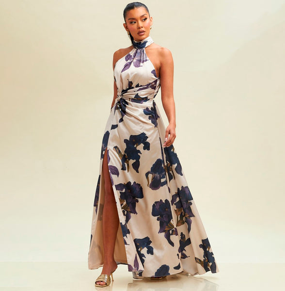 floral side split backless halter dress Elegant Womens Floral Print Halter V-neck Backless Side-Slit Dress Cut Out  Waist