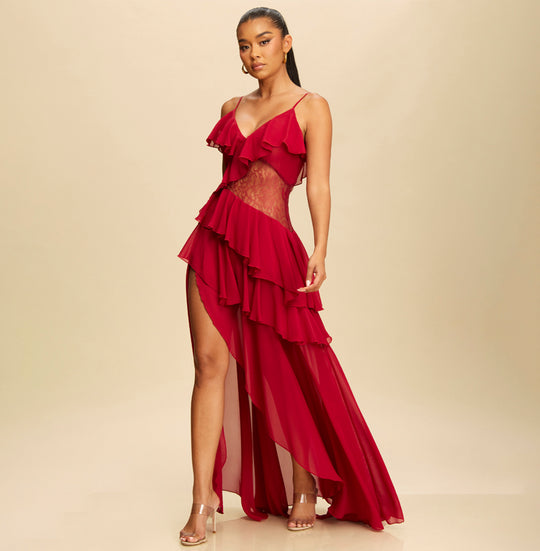 Elegant Strap Tiered Ruffle Wine Lace Detailed Maxi Dress with Middle Slit