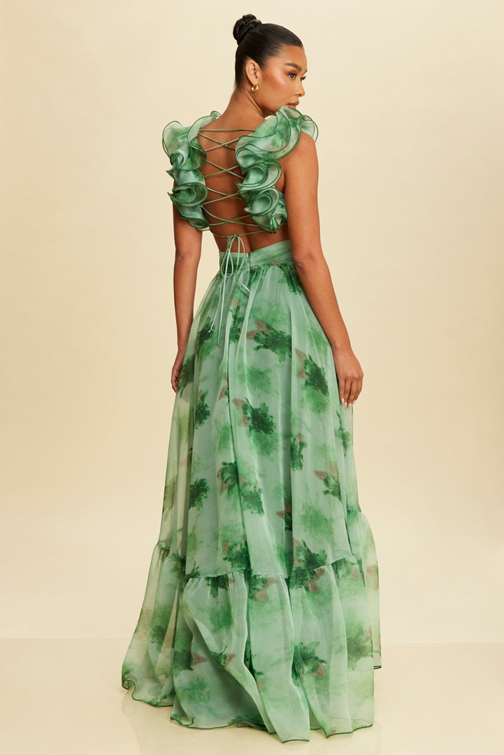 Elegant Sage Pleated Band Detailed V-Neck Ruffle Back Tie-Up Maxi Dress