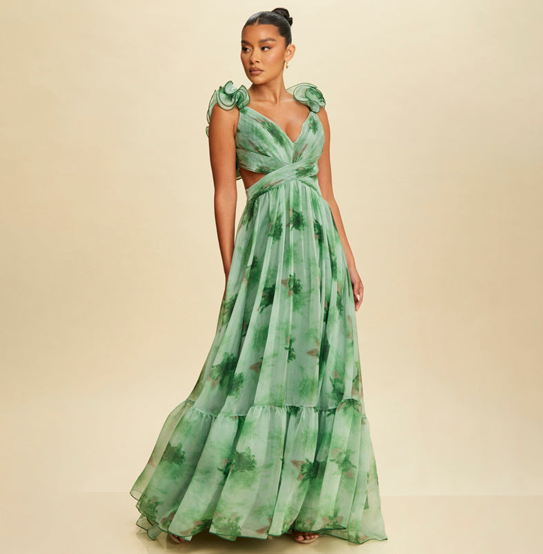 Elegant Sage Pleated Band Detailed V-Neck Ruffle Back Tie-Up Maxi Dress