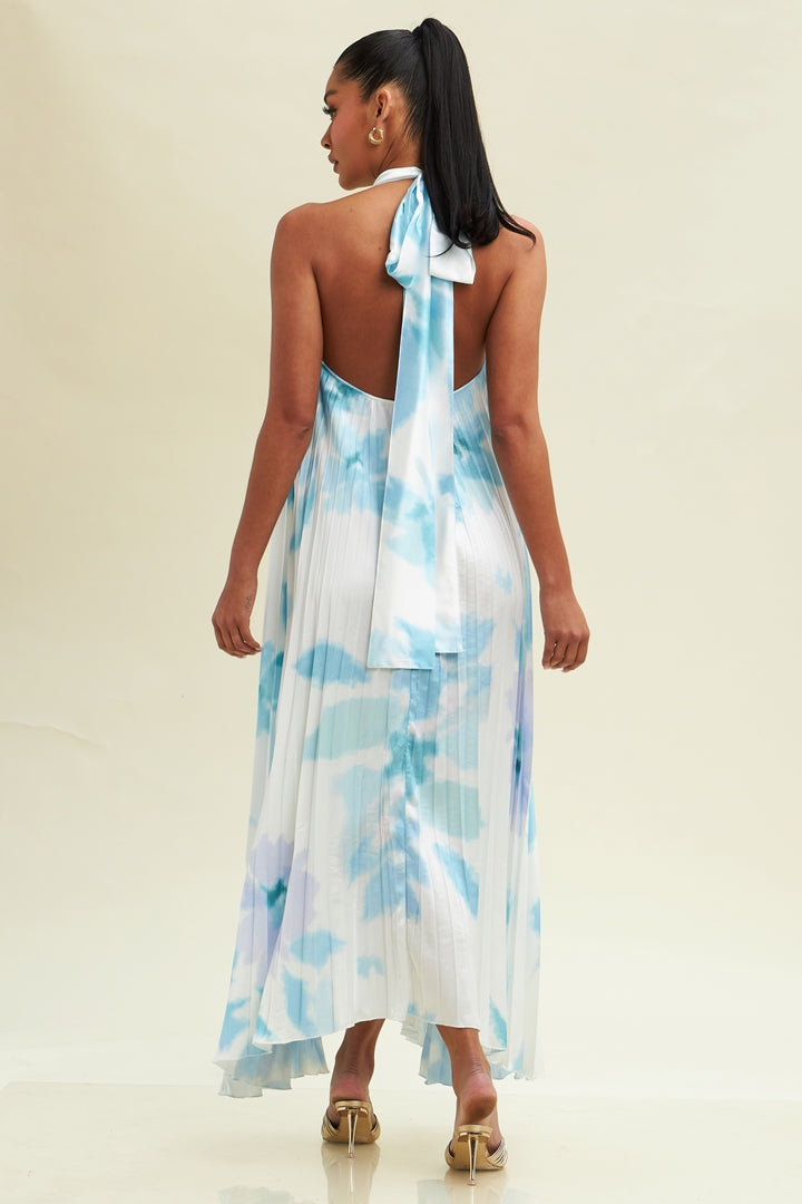 Elegant Halter White Blue Watercolor Pleated Satin Open Back Maxi Dress