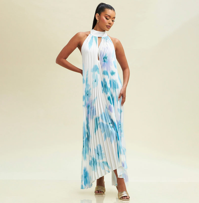 Elegant Halter White Blue Watercolor Pleated Satin Open Back Maxi Dress